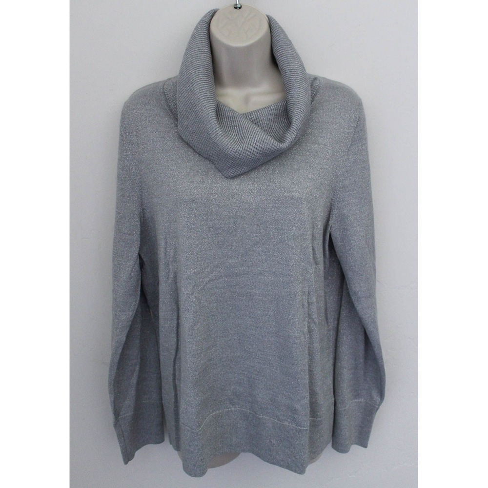 Talbots Cowl Neck Sweater Large Silver Long Sleeve Merino Wool Pullover Knit
